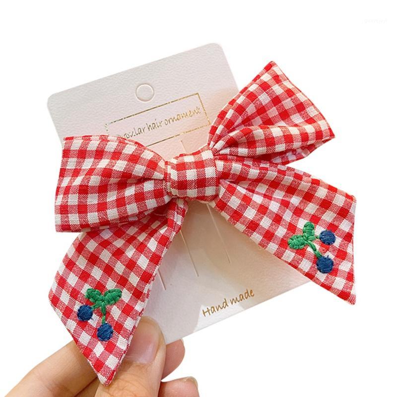 

Girls Summer Wild Embroidery Handmade Fruit Cherry Bow Check Bangs Clip Bb Clip Hair Accessories Hairpin For Kids Headband1, Red