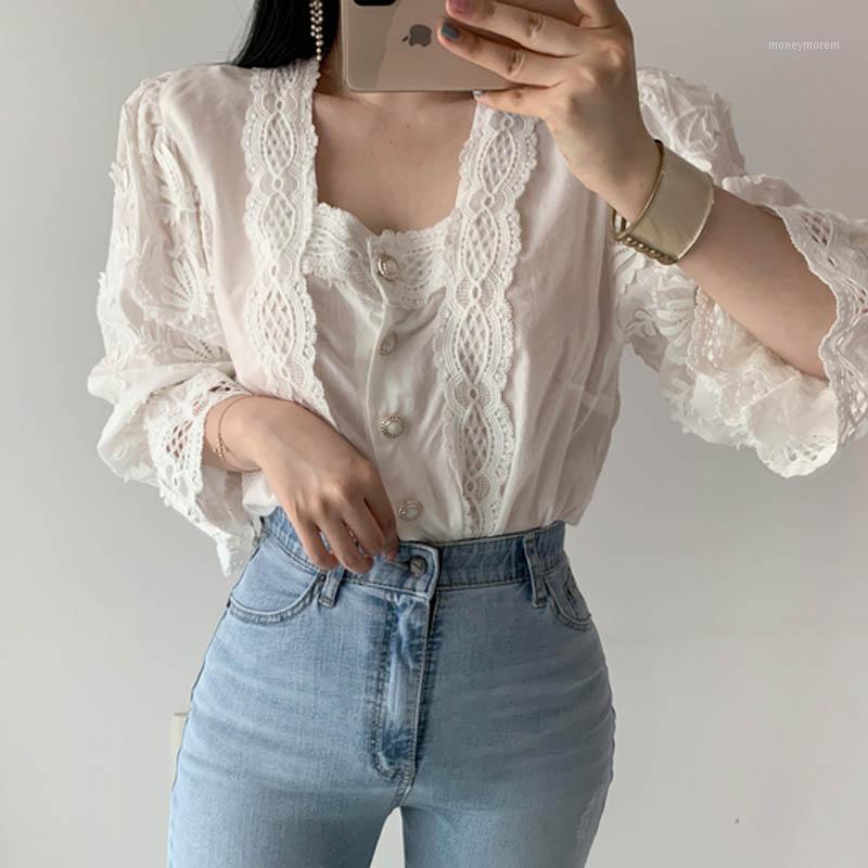 

embroidery Korean Stylish Hollow Out Square Collar Pearls Gentle Flare-Sleeved Chic Brief Women All-Match Loose Shirts1, Brown