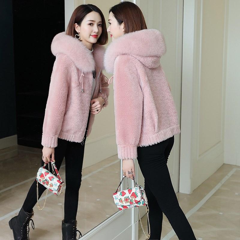 

2020 Autumn Winter Women Sheep Shearing Warm Coat Furry Jacket Plus Size Ladies Fake Fur Collar Hooded Short Outwear H798, White