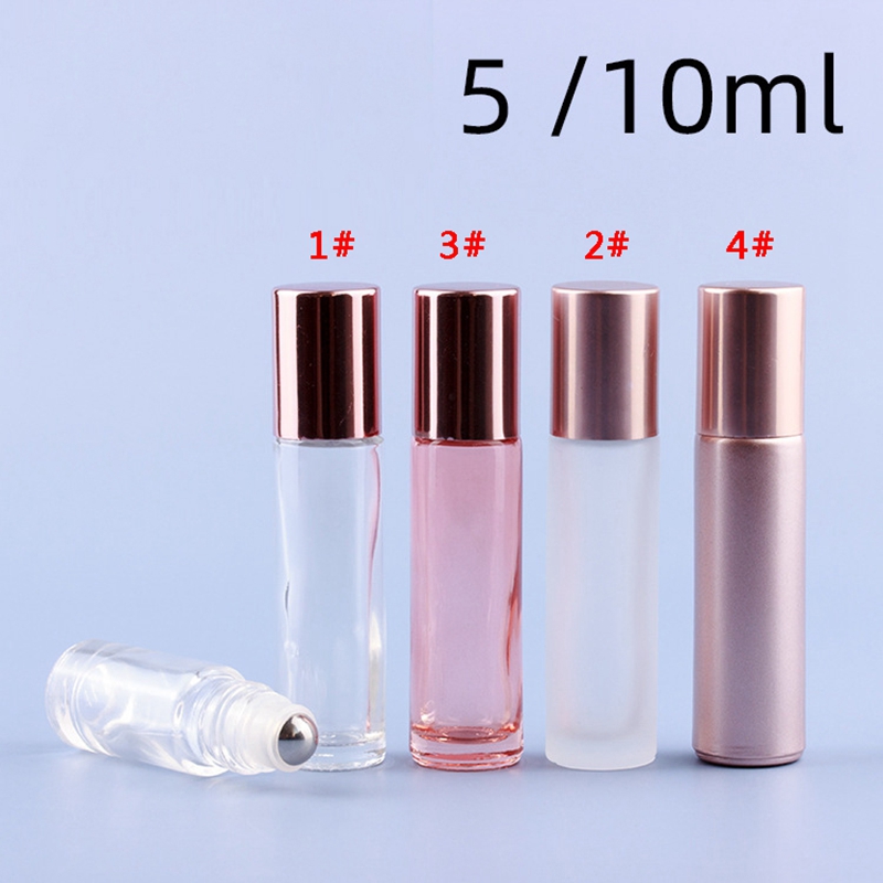 

5 10ML Mini Roll On Roller Bottle Fragrance Glass Bottles Rose Gold Essential Oil Bottle Steel Metal Roller Ball Perfume Container BC BH4198