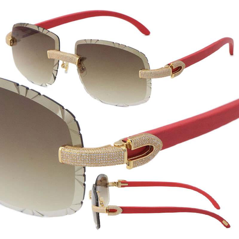 

New Metal Model Micro-paved Diamond Set Rimless Sunglasses Red Wood Sun glasses Male and Female Frame 18K Gold UV400 Brand Carved lens Eyeglasses Size:60