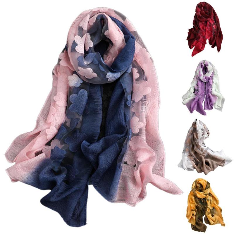 

Women Stylish Gradient Color Floral Embroidery Long Neck Scarf Head Wrap Shawl long scarfs poncho scarves shawl bohemian