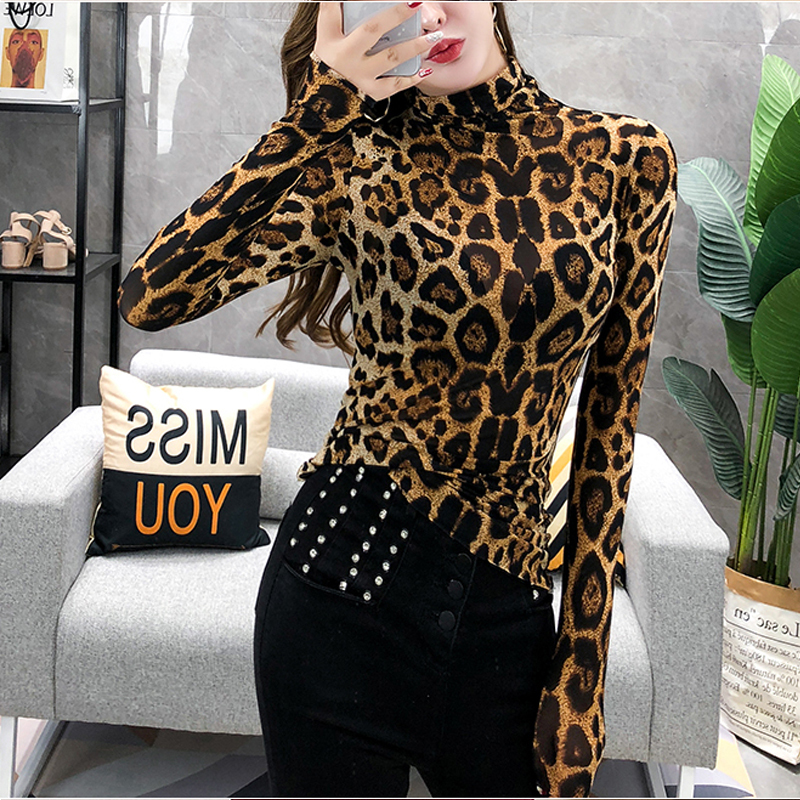

Leopard T-shirt Women Spring Turtleneck Stretchy Slim Long Sleeve T shirt Tops Tee ropa mujer T9D602Y Y200828