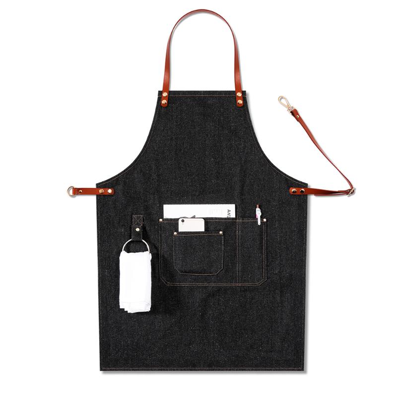 

Bib Apron Bartender Multi Pocket Work Uniform BBQ Chef Casual Removable Denim Baker Leather Strap Adjustable Barista