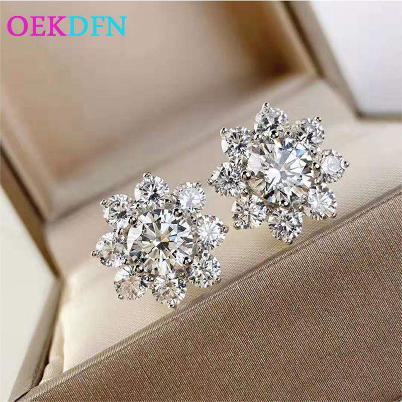 

OEKDFN Real 925 Sterling Silver Created Moissanite Gemstone Wedding White Gold Flower Ear Studs Earrings For Women Fine Jewelry