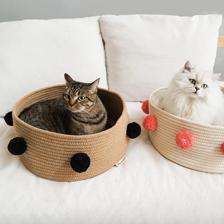 

with Pompom Woven Cat Bed Pet Beds Summer Sleeping Bag Nest Basket Pet Bed Mat House Comfortable Cat1