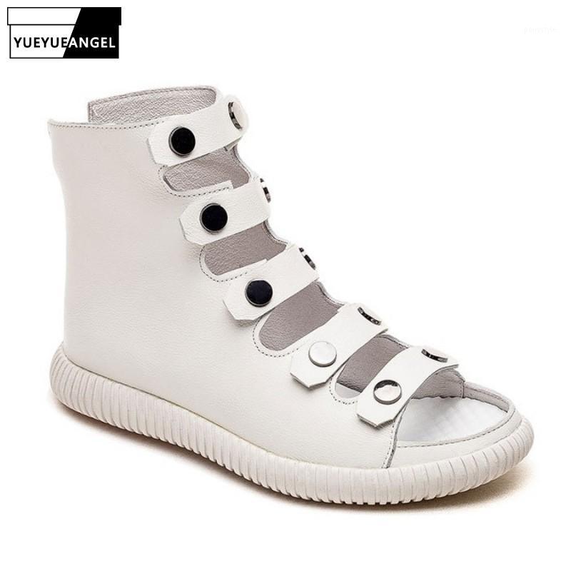 

Women Hollow Out High-Top Sandals Height Increasing Summer Ankle Boots Genuine Leather Peep Toe White Sandals Plus Size 411, Beige