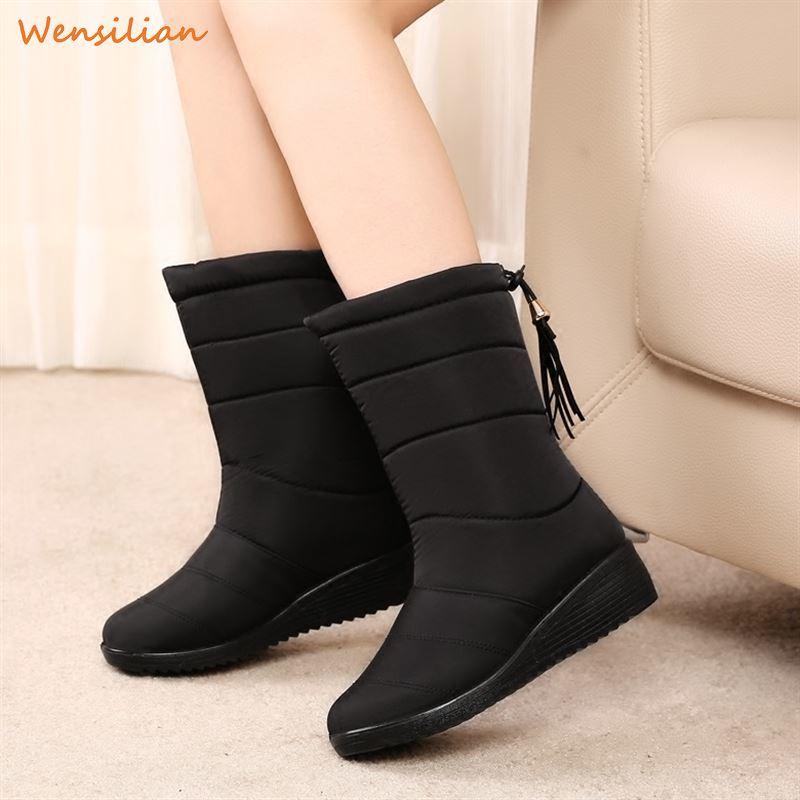 

Women Snow Winter Boots Female Mid-Calf Boots Waterproof Round Toe Botines Insoles Ladies Shoes Woman Fringe Booties Botas Mujer, Black
