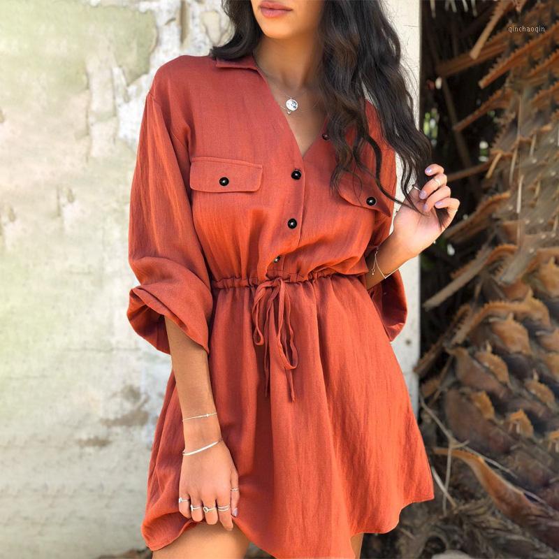 

Vintage elagant women mini shirt dress Casual lantern sleeve short dress Turndown collar lace up linen female dresses1