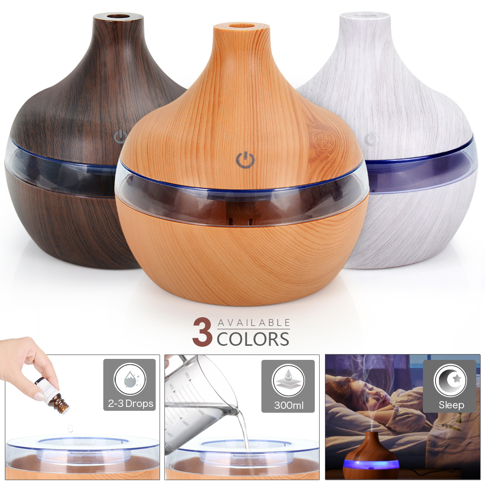 

EZSOZOC humidifier 300ML USB Air Humidifier Electric Aroma Diffuser Mist Wood Grain Oil Aromatherapy Mini Have 7 LED Light For Car Home Office
