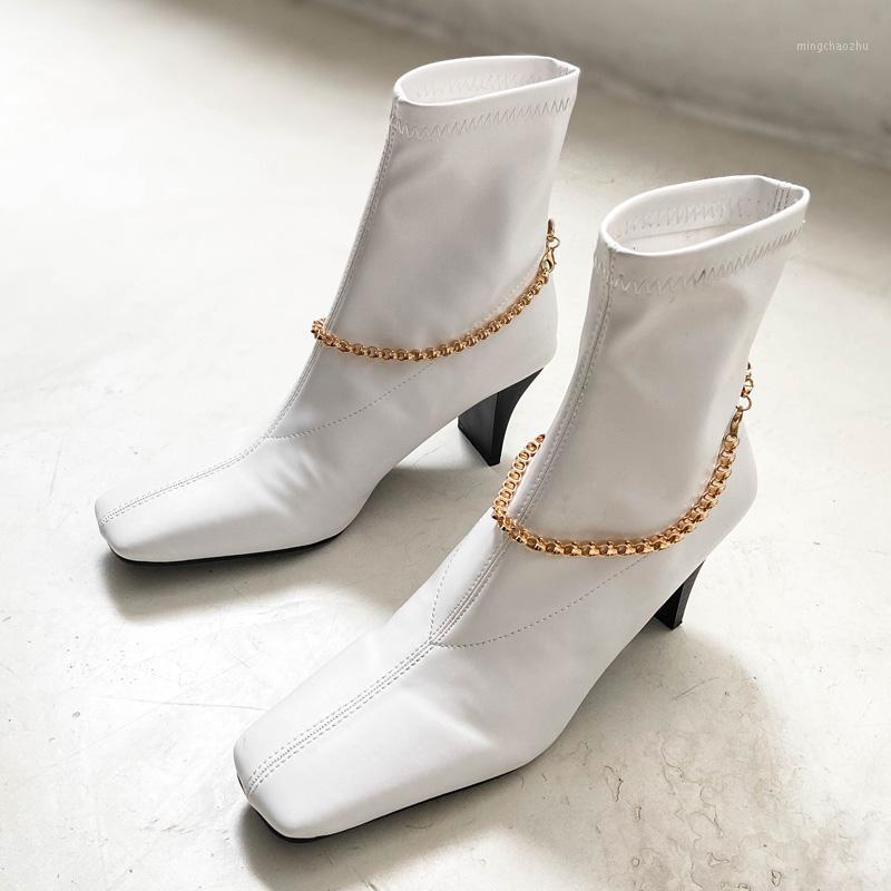 

DEAT 2020 New Autumn Winter Fashion Casual High Heel Square Head Tube Thick Heel Chain Zipper Elastic Short Boots Women SG3391, Black