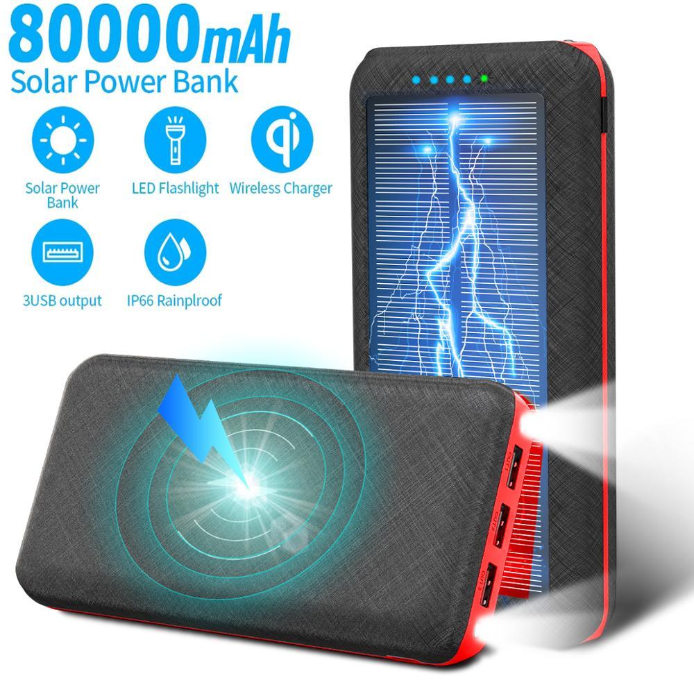 

80000mAh Solar Power Bank Fast Qi Wireless Outdoor Charger Portable 3USB Phone Charger for Xiaomi Samsung Iphone Power Bank Q0115