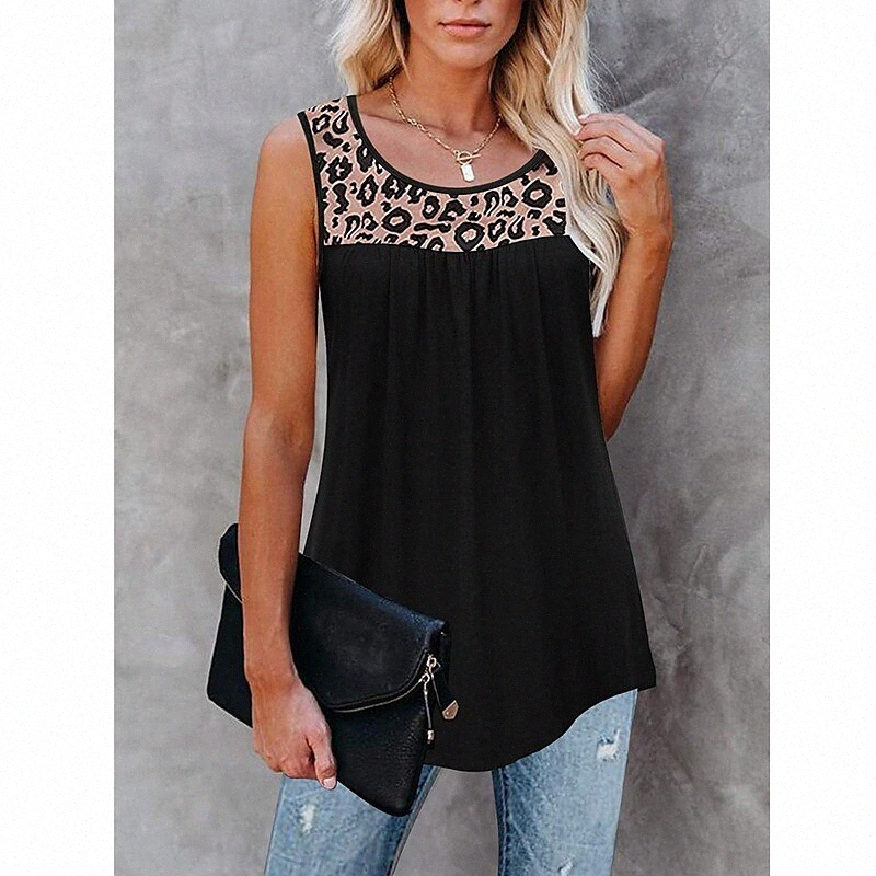 Women's T shirt Leopard Plain Patchwork Print U Neck Tops Cotton Basic Basic Top Black Blue Purple x4WA#