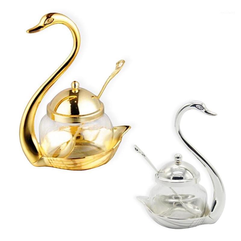 

Aluminum alloy Condiment Pot Seasoning Container Spice Gl Jar Salt Sugar Bowl Pepper Coffee Storage Organizer Swan Rack Set1