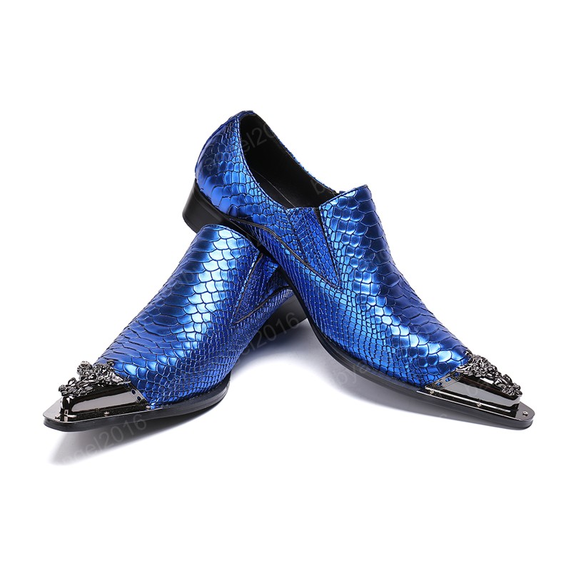 

Fashion Blue Scales Genuine Leather Men Oxfords Shoes Big Size Metal Pointed Toe Slip on Formal Party Dress Shoes, Black