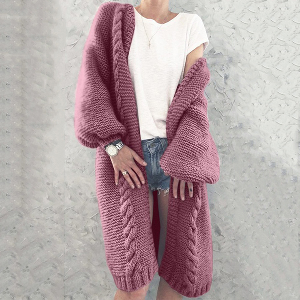

Long Knit Sweater Women Autumn Casual Long Lantern Sleeve Cardigan Female Solid Knitted Sweaters Coat Femme Warm Long Overcoat 201016, Beige