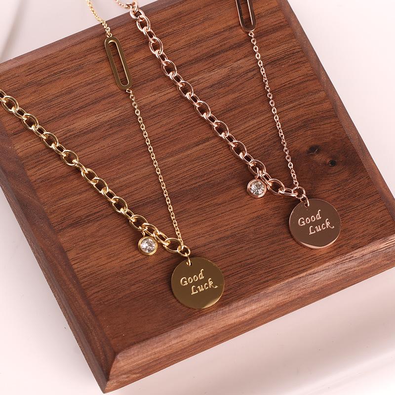 

Fashion asymmetric necklace goodluck letter titanium steel necklace female clavicle chain pendant jewelry hot sale