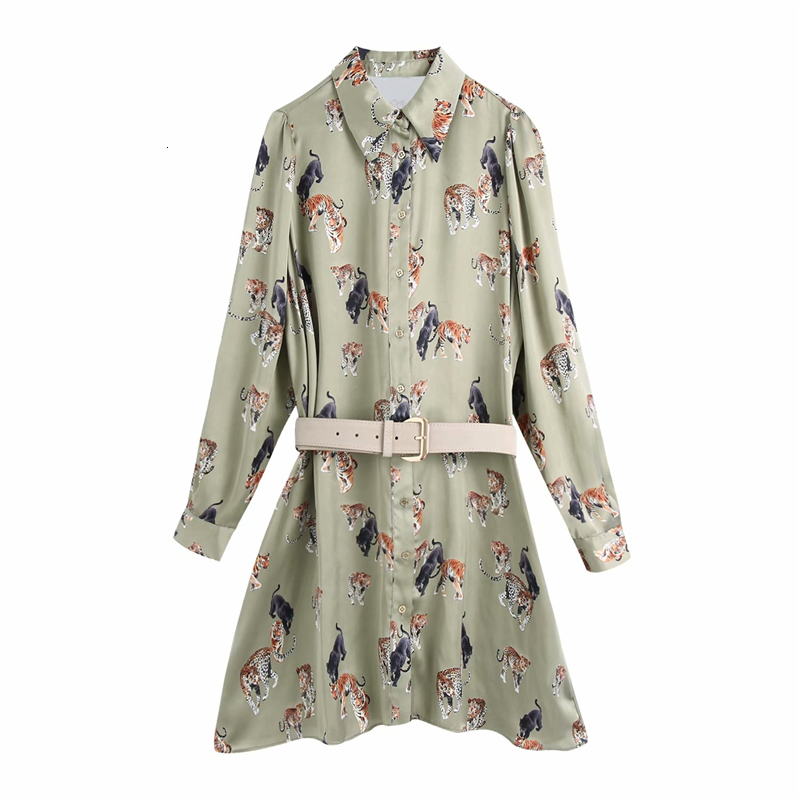 

2021 New Streetwear Tiger Print Moda Senhoras Macio Solto Elegante Feminino Faixas Causais Vestido Chique Meninas Gf1x, Green