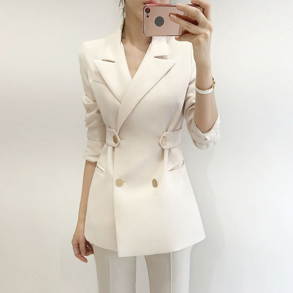 

2021 Office Lady Blazer Spring Autumn New Korean Fashion Simple Double Breasted Slim Lapel Long Sleeve 6KTW, White