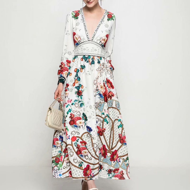 

Spring New Retro Style Boho Sexy Impression with Cleavage v Long Fine Trim Temperament Mid Length Dress High Quality Women' Clothes 80wo, Multiple