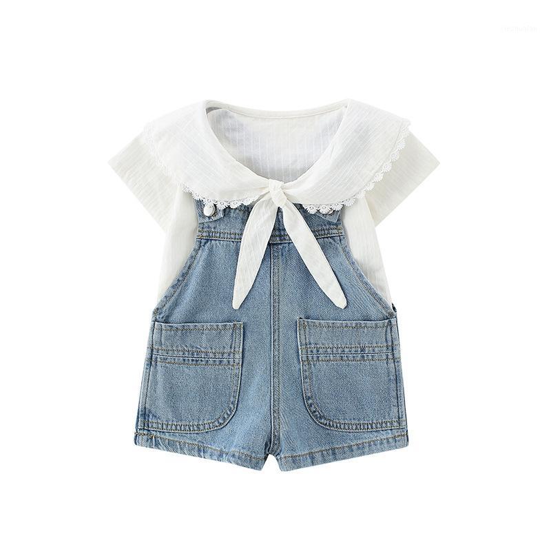 

2PCS WLG Girls Outfits Kids Summer Short Sleeve White T Shirt and Denim Blue Overall Set Baby Girl Casual Clothes1