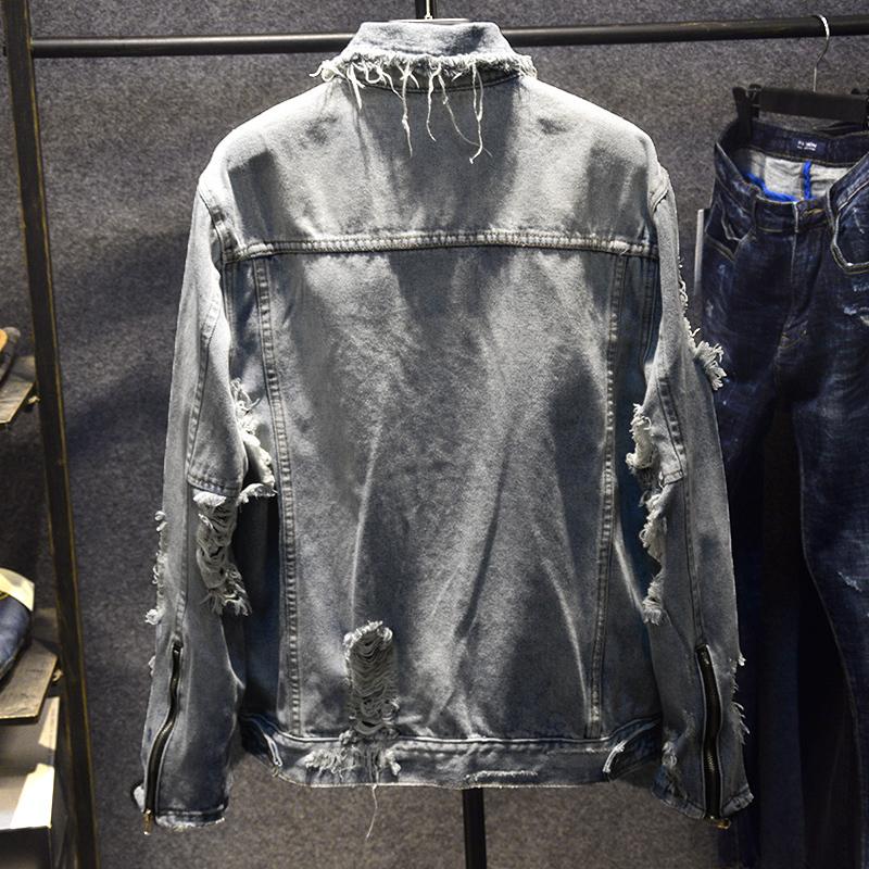

Harajuku Style Ripped Hole Loose Men Denim Coats Fashion Vintage Single Breasted Frayed Cowboy Jacket Washed Casual Outerwear, As photo
