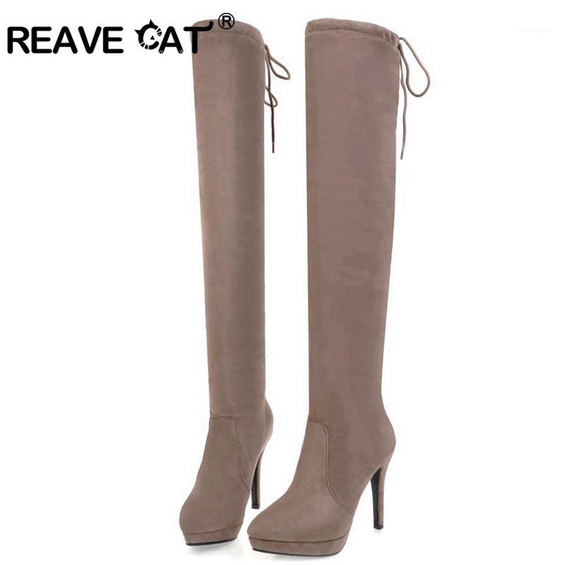

REAVE CAT 2020 Solid Winter boots over the knee High Heel Women Boots Thin heel Ladies Candy color Shoes Women A10311, Black
