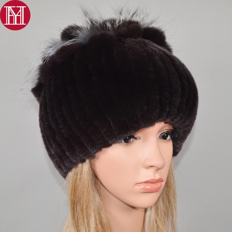 

Brand Elastic Knit Real Rex Fur Beanies Hats Women Real Rex Fur Skullies Hat 100% Natural Caps, Color 7