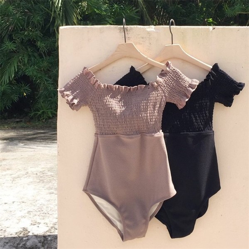 

Sexy Off Shoulder One Piece Swimsuit Solid Swimwear Women Ruched Monokini Ruffle Padded Push Up Bathing Suit Black Swim Suit Y200824, Khaki