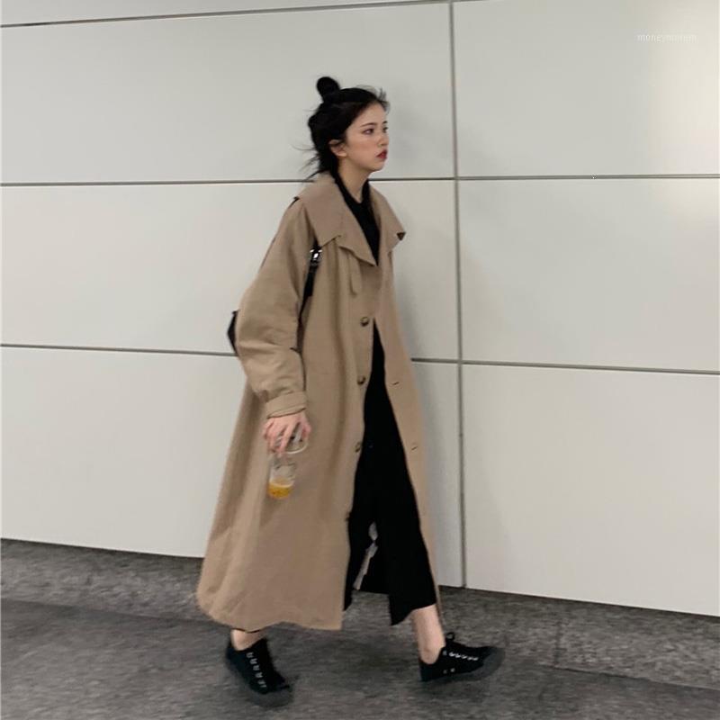 

Chic Loose Retro Casual Windbreaker Korean Trench Oversize Trench Coat Lapel Khaki Long Sleeve Long Coat For Women1