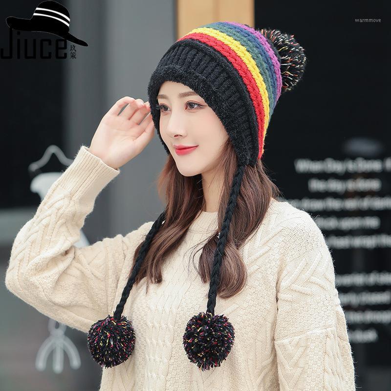 

The New Winter 2020 Thick Color Stripe Three-wool Ball Knitted Cap Fashion Versatile Warm Wool Hat for Girls1, White