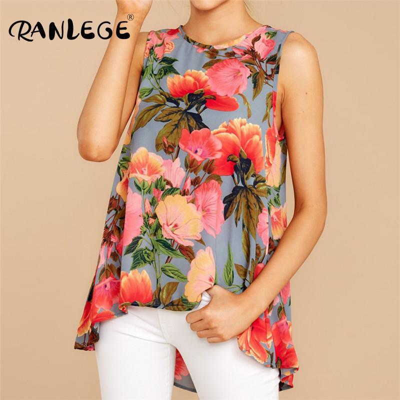 

RANLEGE Summer Blouse Women Casual Sleeveless Floral Office Ladies Tops O Neck Plus Size Irregular Blouse Mujer De Moda 2020, Blue
