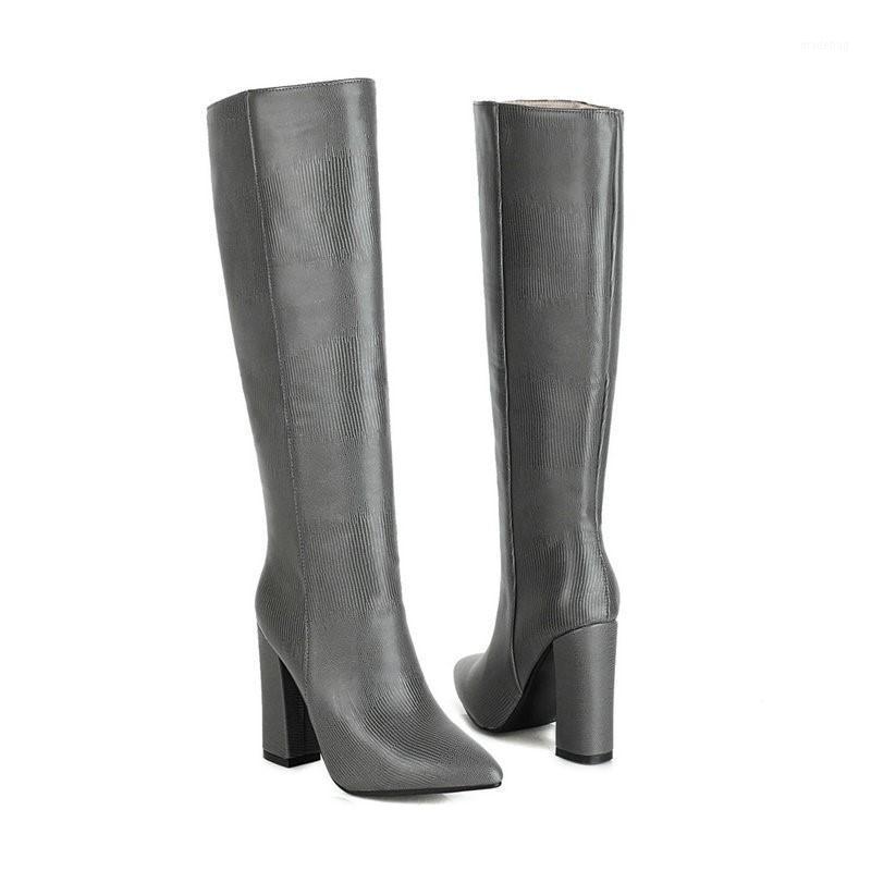 

Sexy Women Knee High Boots Pointed Toe Leather Autumn Winter Western Boots Women Chunky High Heel Elegant Long Ladies Shoe1, Gray