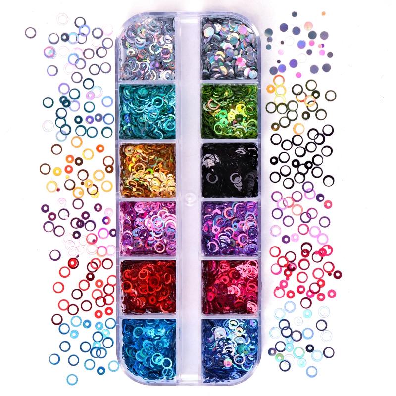 

Holographic Nail Sequins Ring Circle Round Slice Dream Color Mixed Size Nail Glitter Flakes Paillette 3D Art Decoration, Silver;gold