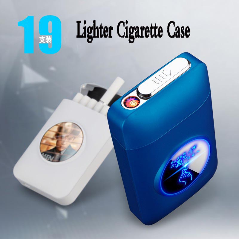 

New Metal LED Capacity Cigarette Case Rechargeable with USB Electric Lighter Logo Custom 19PCS Cigarette Holder Plasma Arc Gadgets for Men