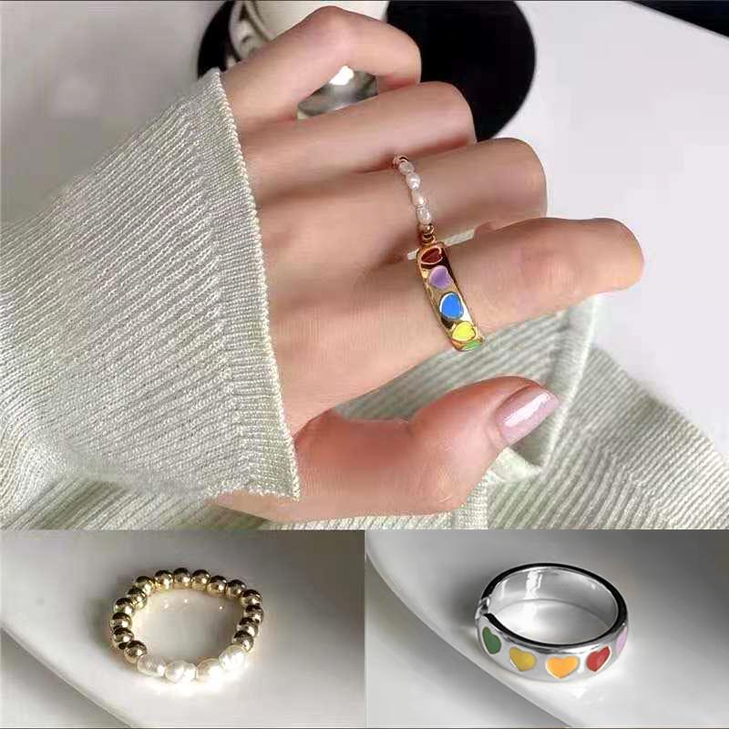 

2PCS Vintage Bohemia Colorful Enamel Love Heart Ring Cute Simple Metal Gold Silver Color Rings for Women Punk Rock Jewelry