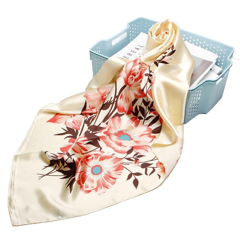 

Scarves Women's Fashion Hijab Scarf Beige Flower Print Imitate Silk Square Shawl Soft Satin Kerchief Turban 35"*35"