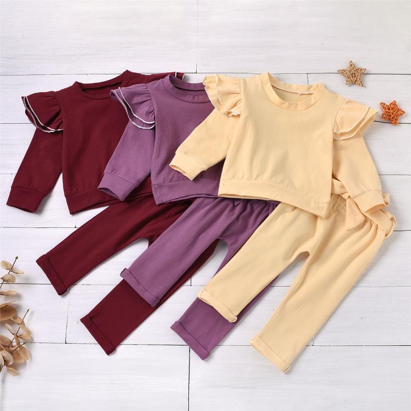 

Newborn Baby Girls 0-24M Clothes Sets Ruffles Solid Long Sleeve Pullover Sweatshirt Tops Pants 2pcs, Purple