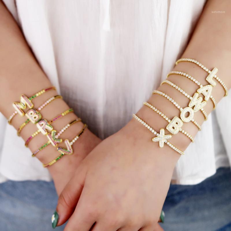 

2020 Personality Initial cute 26 Letter A-Z women Bracelet Bangle rainbow/white CZ Charm out chain Adjust Alphabet jewelry1