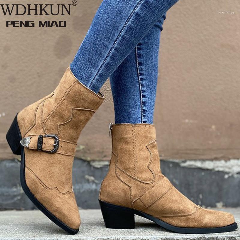 

Women Autumn Winter Flock Ankle Boots Slip-on Round Toe 3.5cm Square Heel Solid Casual Black Camel Booties Size 35-431, Brown