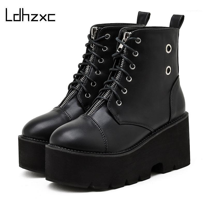 

LDHZXC 2020 Black Punk Rivets Platform winter ankle Boots Women Fashion Chunky Heel Shoes For Model Party Drop Shipping1