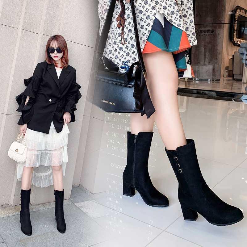 

Autumn Mid Calf Boots High Heel Woman Boots Round Toe Thick Heel Shoes Zipper Ladies Footwear Autumn Winter Black Big Size 431