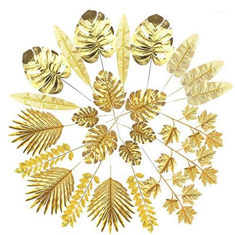 

AT69 -24Pcs Artificial Leaves Gold Palm Leaves Golden Tropical Plants Palm for Wedding Home DIY Decorations Supplies1