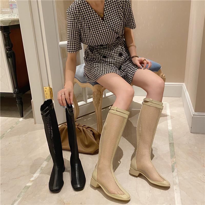 

MANLEGU 2020 Knee High Boots for Womens Shoes Autumn Boots Mesh Shoes Sexy Med Heels Hollow-out Rome Style Lace Up Net Booties, Beige