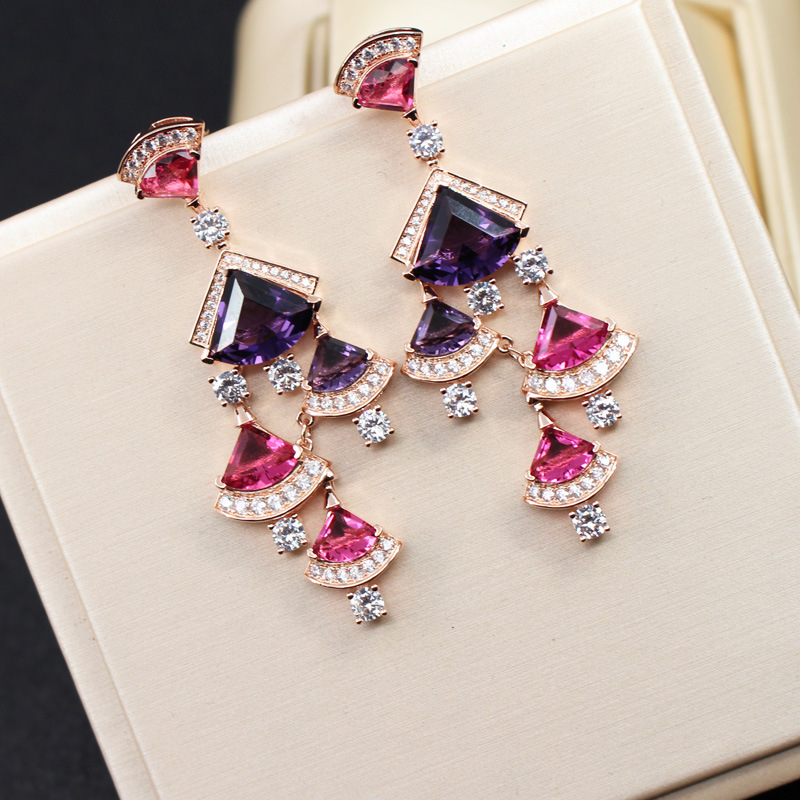 

2020 Europe America Hot Sale Fashion Lady Women Brass 18K Gold Plated Tassels Setting Diamond Colored Zircons Crystal Stud Earrings