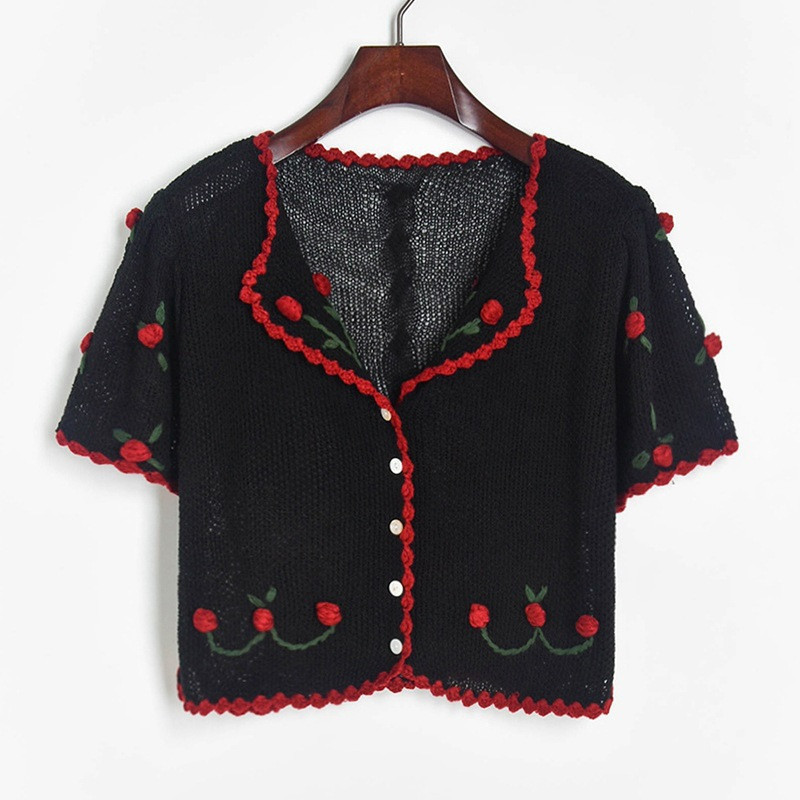

2021 Knitted Cardigan Summer New Hand-embroidered Cherry Contrast T-shirts Nice Short Female Jumper Sleeves L2ME, Black