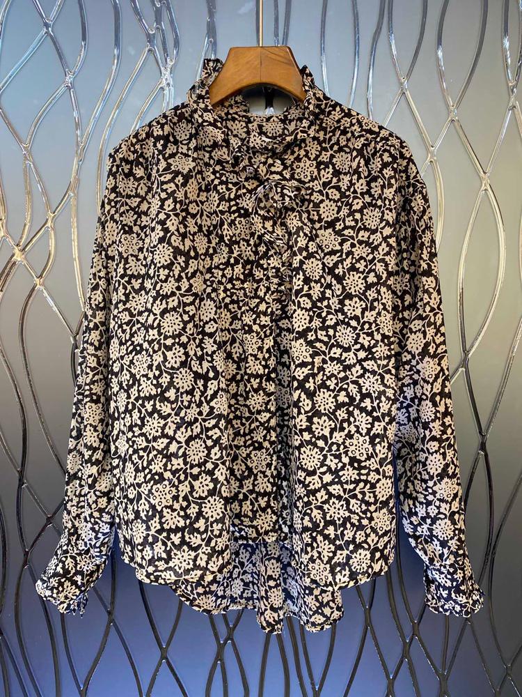 

Retro Floral Printed Women Blouse Early Autum Lady Ruffles Trim Thin Irregular Shirts and Top Female Clothes 2020 New, B wine