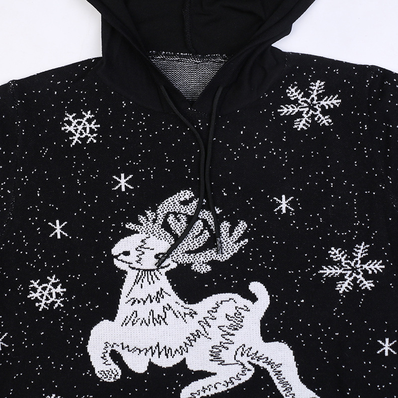 

New Casual European Female Knitted-out Miniskirt Streetwear with Nice Hood Deer 2021 Long Spring Party Dresses Loose 5b6s, Black