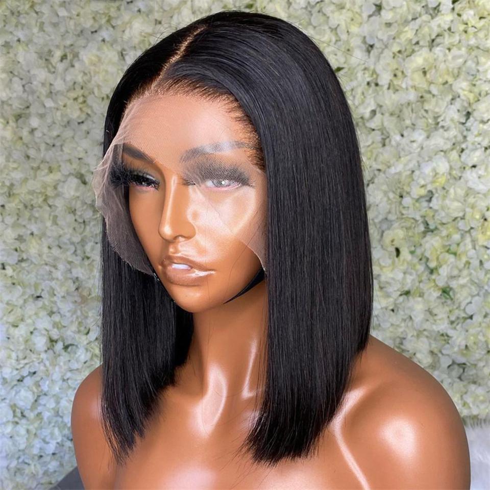 Perruques frontales en dentelle transparente perruque brésilienne brésilienne à cheveux humains 150 densité courte bob raide en dentelle avant pe
