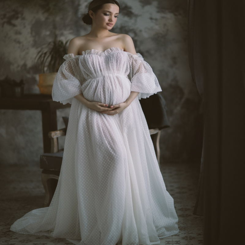 Elegant Maternity Sleepwear Tulle Ruffled Off Shoulder Gowns for Photoshoot Boudoir Lingerie Robe Bathrobe Nightwear Babydoll Robe